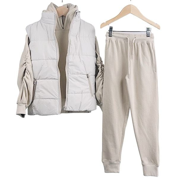 Beige loungewear and gilet